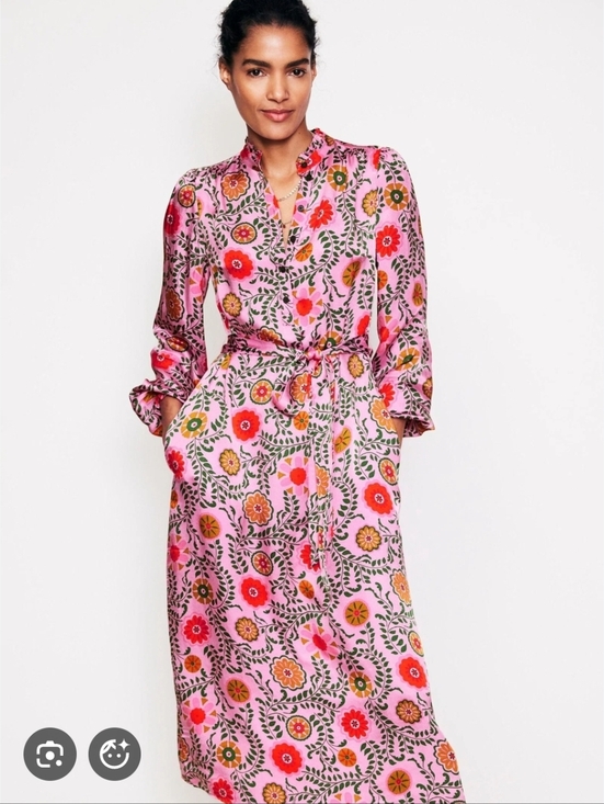 Boden Dresses & Skirts - Boden Pink Floral Belted Midi Satin Dress - Size 14